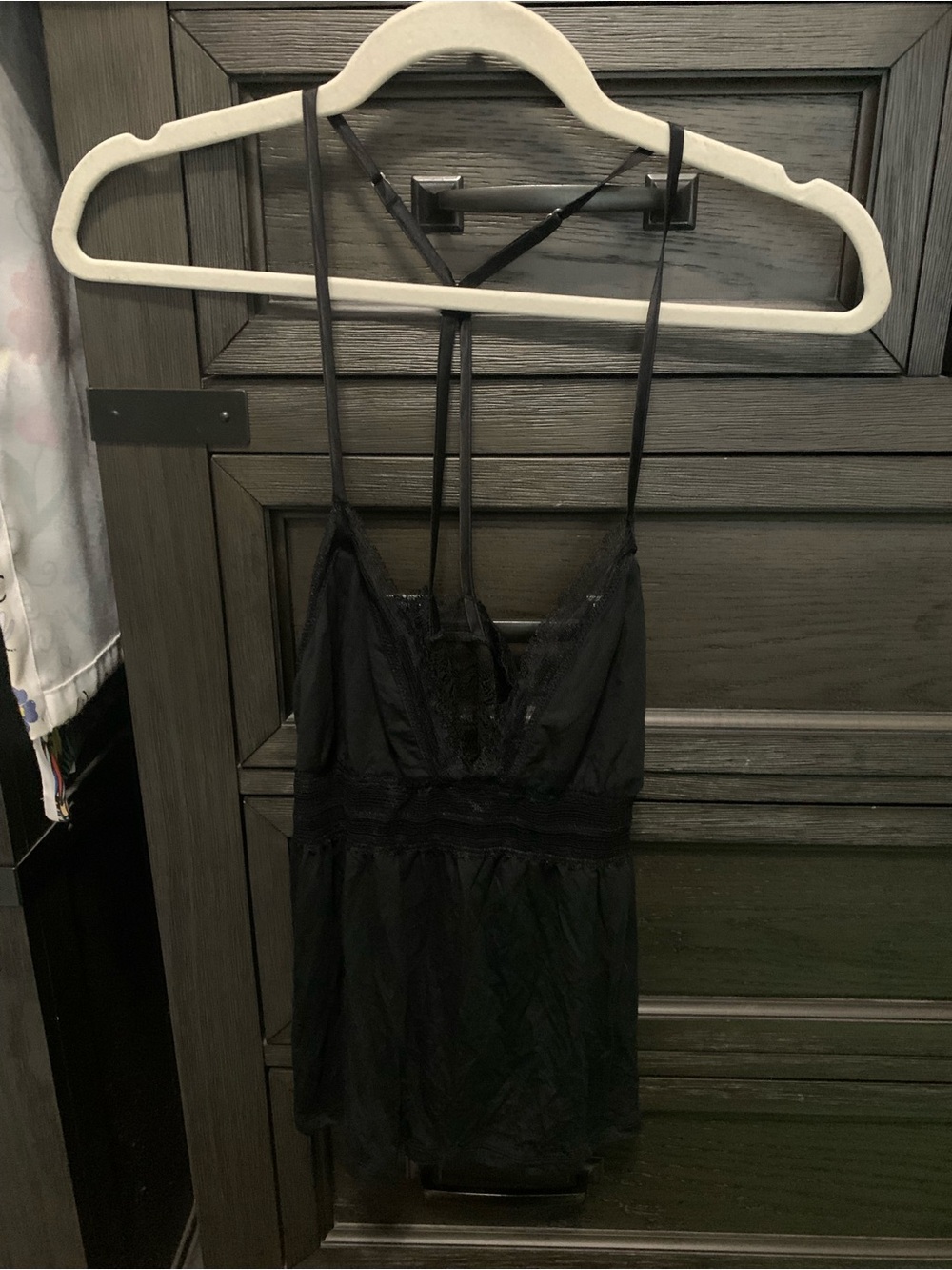 Victoria's Secret Black Lace-Trim Satin Chemise with Strappy Back